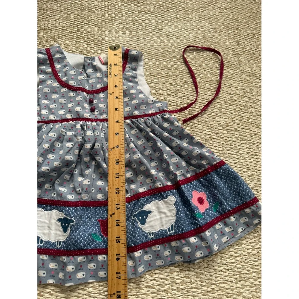 Vintage Toddler Girls Sheep Floral Applique Pinafore Dress Blue Burgundy Size 4T